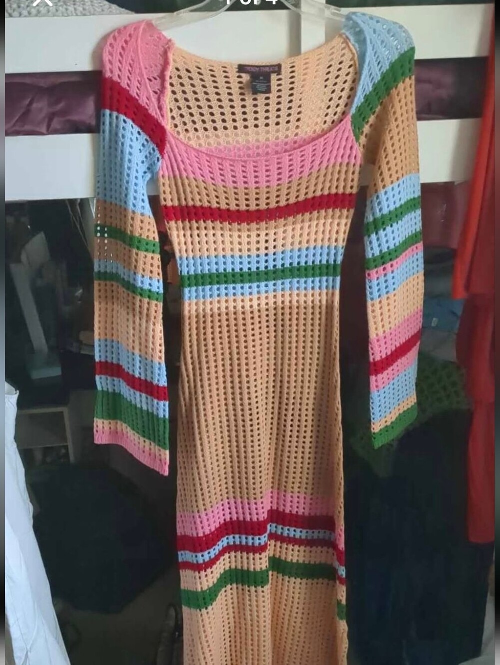 Boho Crochet Striped Maxi Dress - Peach with Multicolor Stripes
